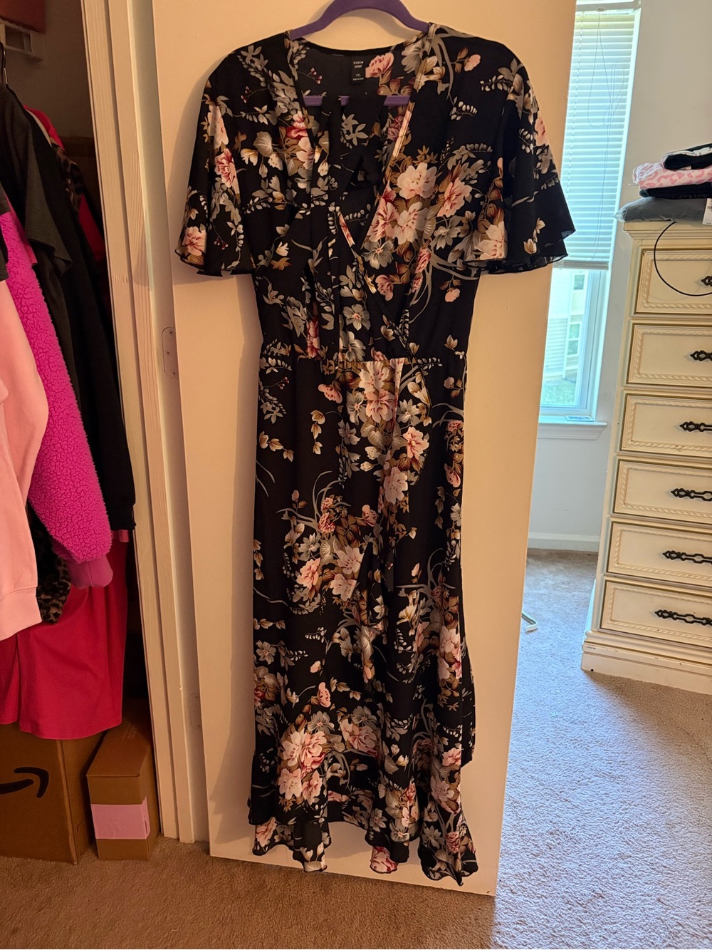 SHEIN Black Maxi Dress with Pink & Cream Floral Print